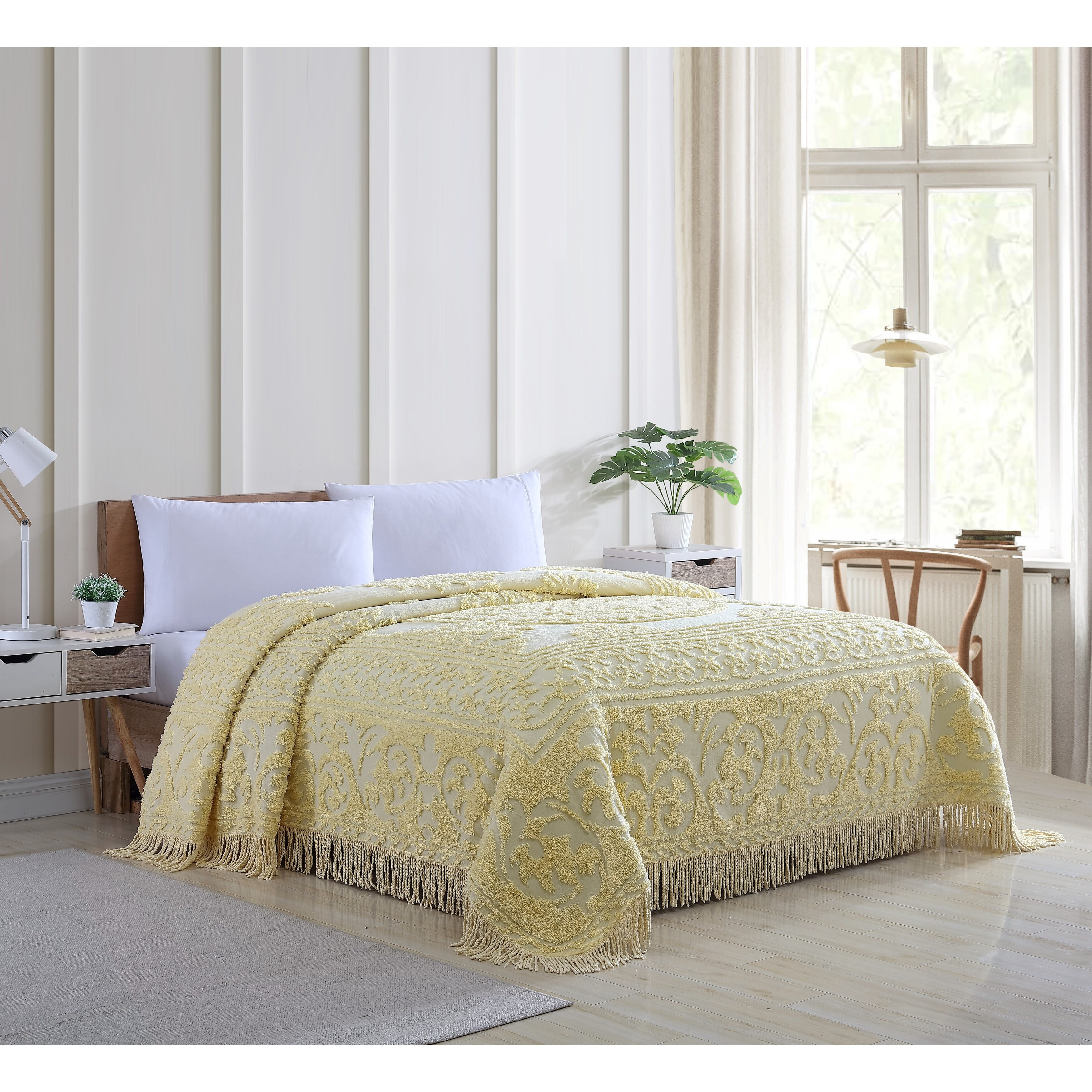 Collections Etc Luxurious Medallion Chenille Fringe Border Bedspread Yellow - King