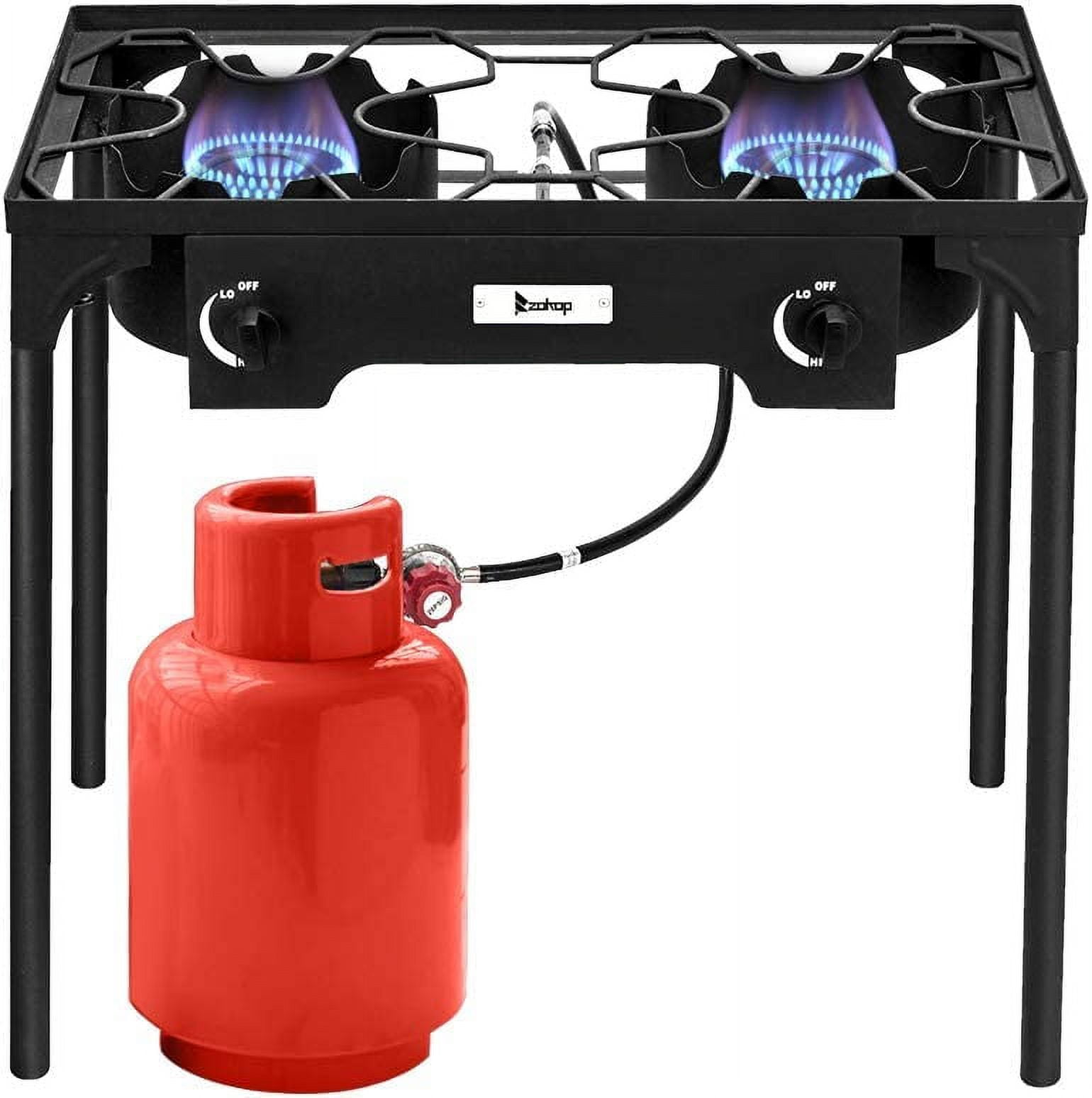 QXDRAGON Propane Double Burner Two Burner Camp Stove Outdoor High Pressure Propane 2 Burner Adjustable PSI Regulator and 4ft Leather Hose with Removable Legs