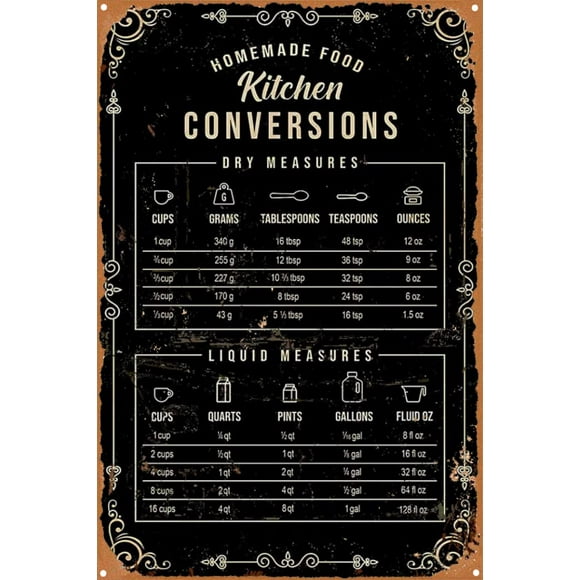 Kitchen Conversion Chart Baking Knowledge Vintage Sign,Chic Art Decoration Poster Wall Art Decoration 12x8 Inch Metal Tin Sign