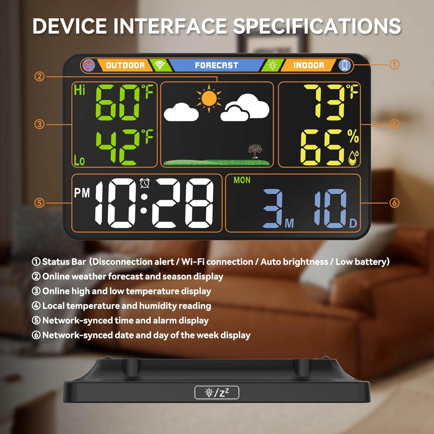 Wi-Fi Weather Station with Indoor Outdoor Temperature Humidity Monitor Wireless Forecast Display Digital Alarm Clock