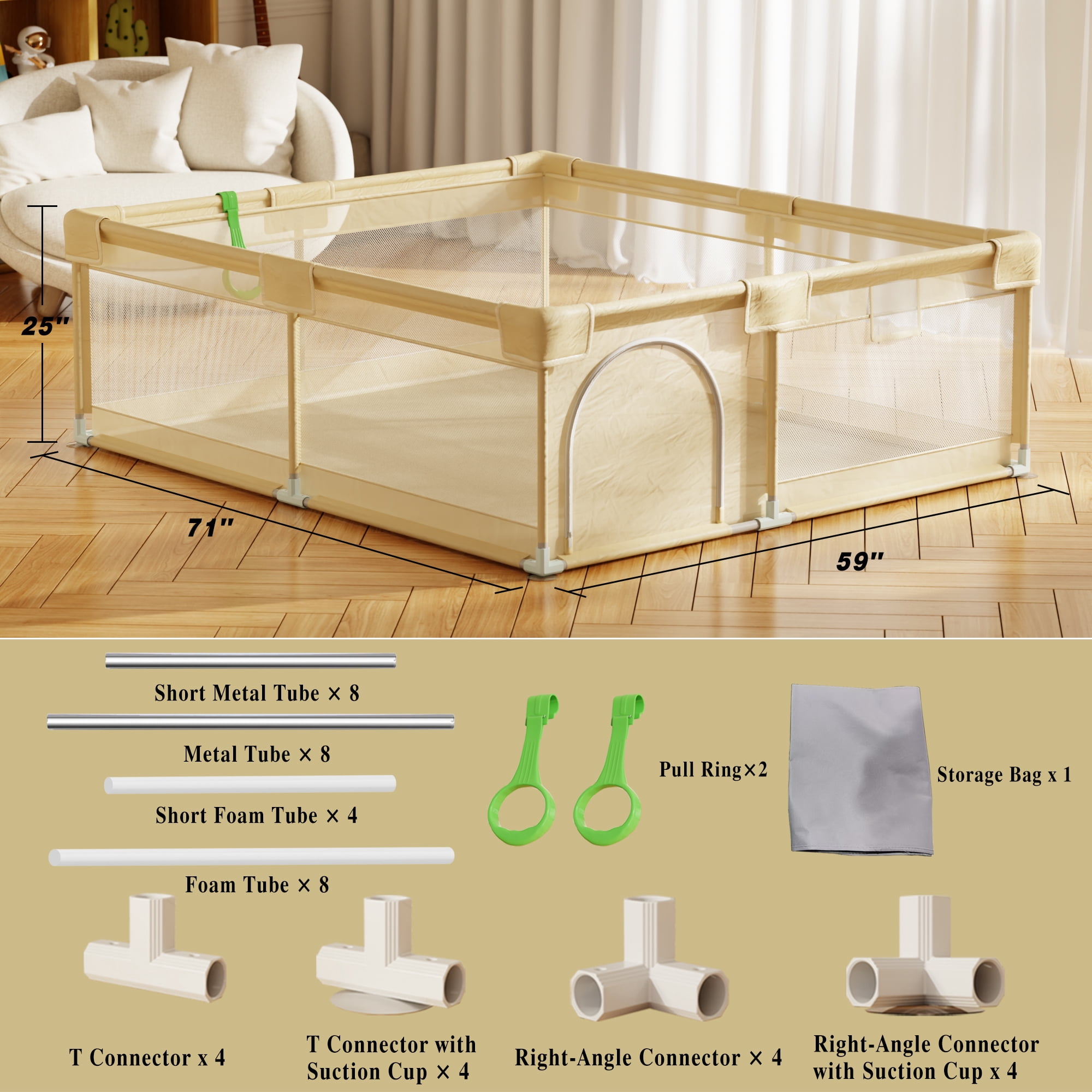 Easy4Home Extra Large Baby Playpen 71"x60" Toddler Play Yards Safety Fence, Beige