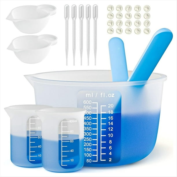 Kit de Herramientas de Tazas Medidoras de Resina de Silicona Grandes: Medidora Reutilizable de 600 Ml y 100 Ml, Pipetas de Varillas Agitadoras de Silicona
