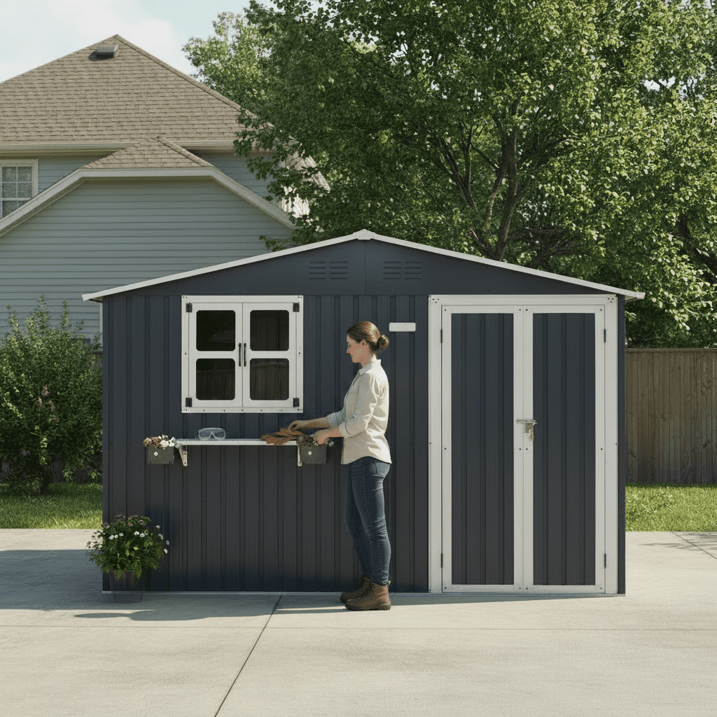 Mintazer 10×8ft Metal Outdoor Storage Shed with Lockable Door & Window, Weatherproof Garden Tool Shed with Flower Baskets, Coal Gray