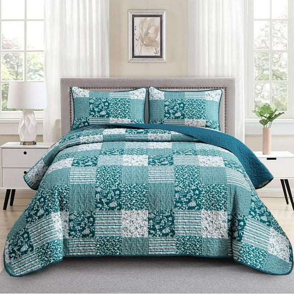 Teal Blue Quilt Set King Size 3 Pieces Plaid Turquoise Floral Bedspread Set Microfiber Lightweight Bedding Bedspread Coverlet Set for All Season 90"x104"