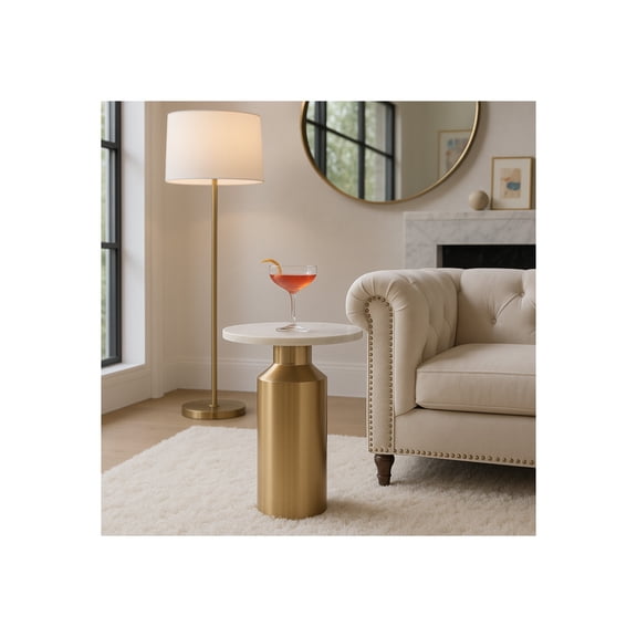 Modern End Side Table as Night Stand for Home Decor - Round Marble Top with Pedestal Base as Small Table Stand - Durable Table for Living Room, Bedroom, or Small Spaces - 22", Gold & White