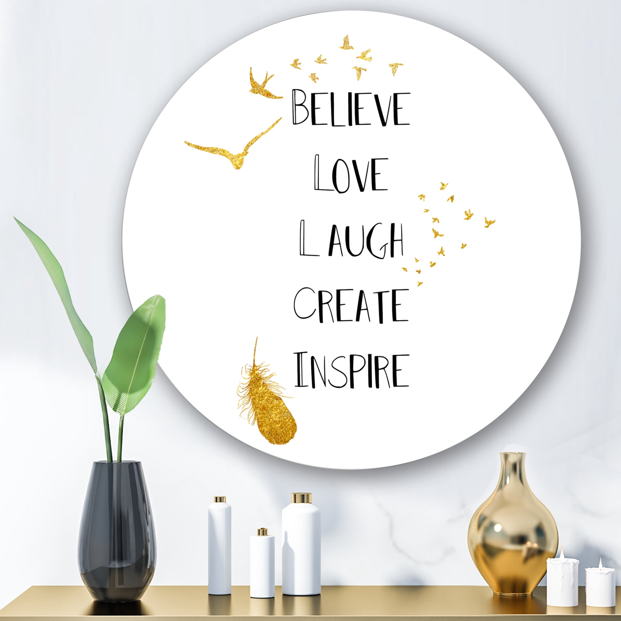 Designart 'Inspirational Quote On Gold and White' Traditional Circle Metal Wall Art 11x11 - Disc of 11