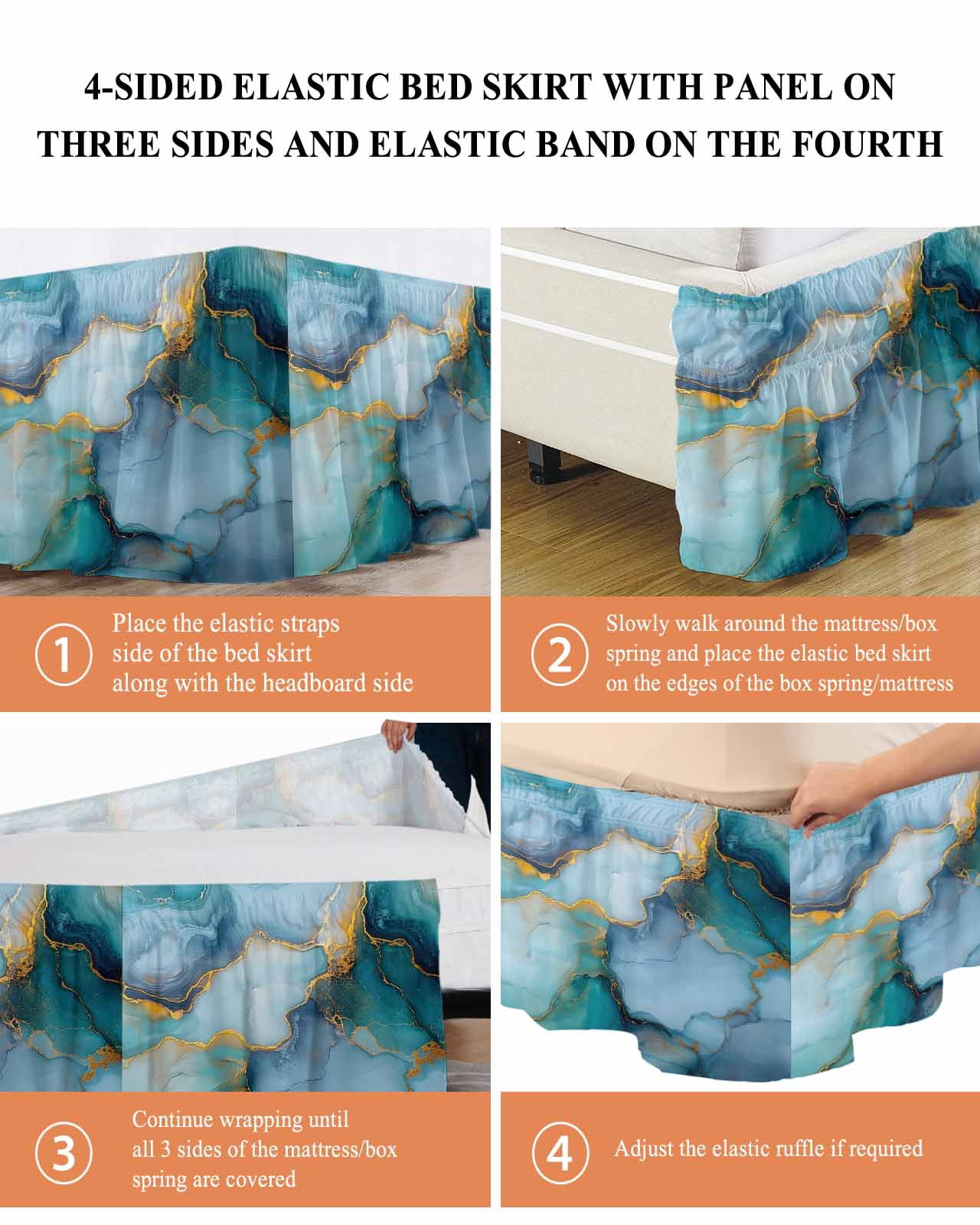 Marble Teal Yellow Wrap Around Bed Skirts for Queen Bed 16" Drop, Bed Skirt with Adjustable Elastic Belt Dust Ruffle Bed Valance for Bedroom Hotel Luxury Abstract Art Ink Painting Bed Frame Cover