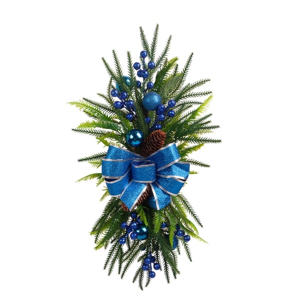 Guirnalda navideña artificial, guirnalda navideña, adorno colgante, guirnalda decorativa para escalera, puerta de entrada, pared, decoración del hogar Azul