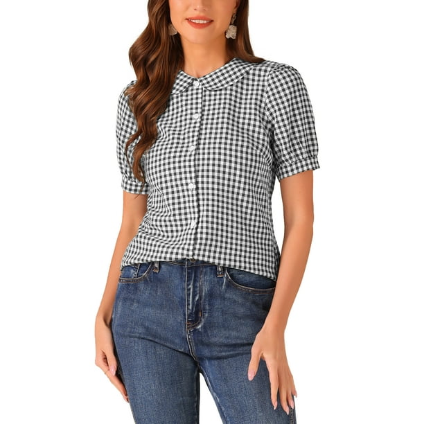 Camisa de cuadros para mujer INSPIRE CHIC con cuello Peter Pan, mangas cortas abullonadas, blusa de botones a cuadros XL negra