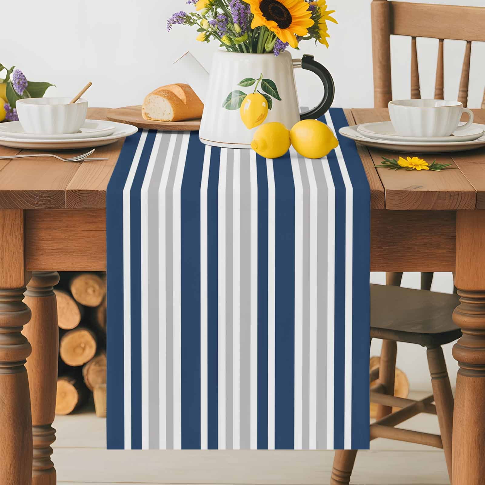 Classic Modern Striped Table Runner 90 Inches Long, Grey White Navy Blue Table Runners Tabletop Scarf Kitchen Dining Tables Decoration for Home Party Indoor Outdoor