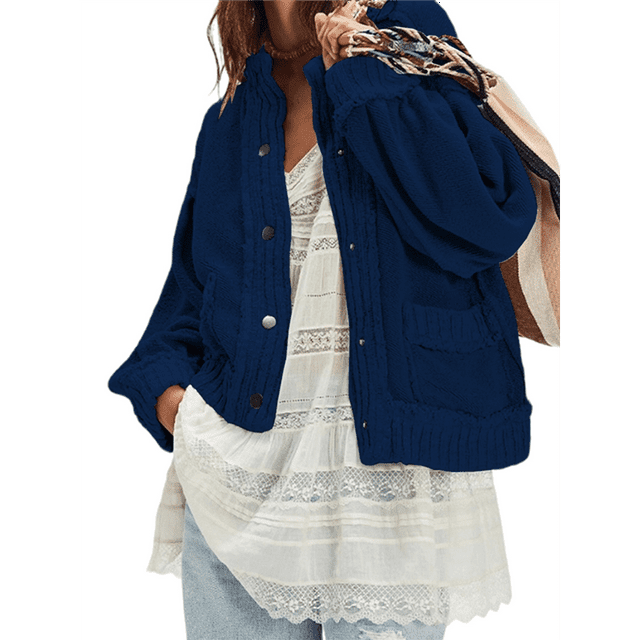 Womens Oversized Cardigan Long Sleeve Button Down Chunky Knit Loose Fall Sweater Coats Dark Blue XL