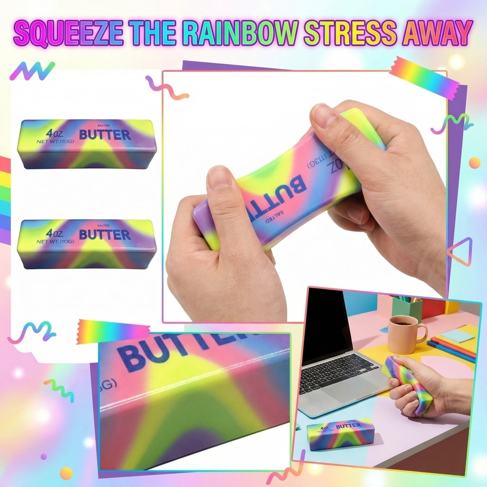 Rainbow Butter Squishy Toys, Slow Rise Squishy Butter Squeeze Toys, Butter Stick Squishies Stress Balls Goodie Bag Fillers 5.3"