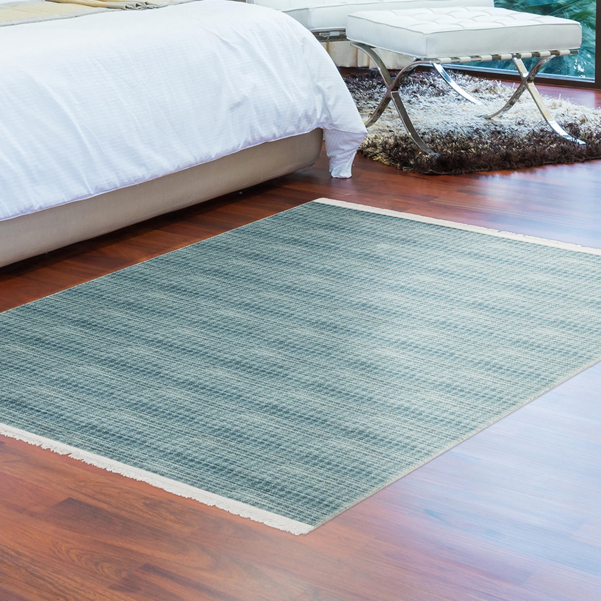 Ottomanson Machine Washable Cotton 4x6 Flatweave Area Rug for Living Room, 4' x 6', Blue Wicker Weave