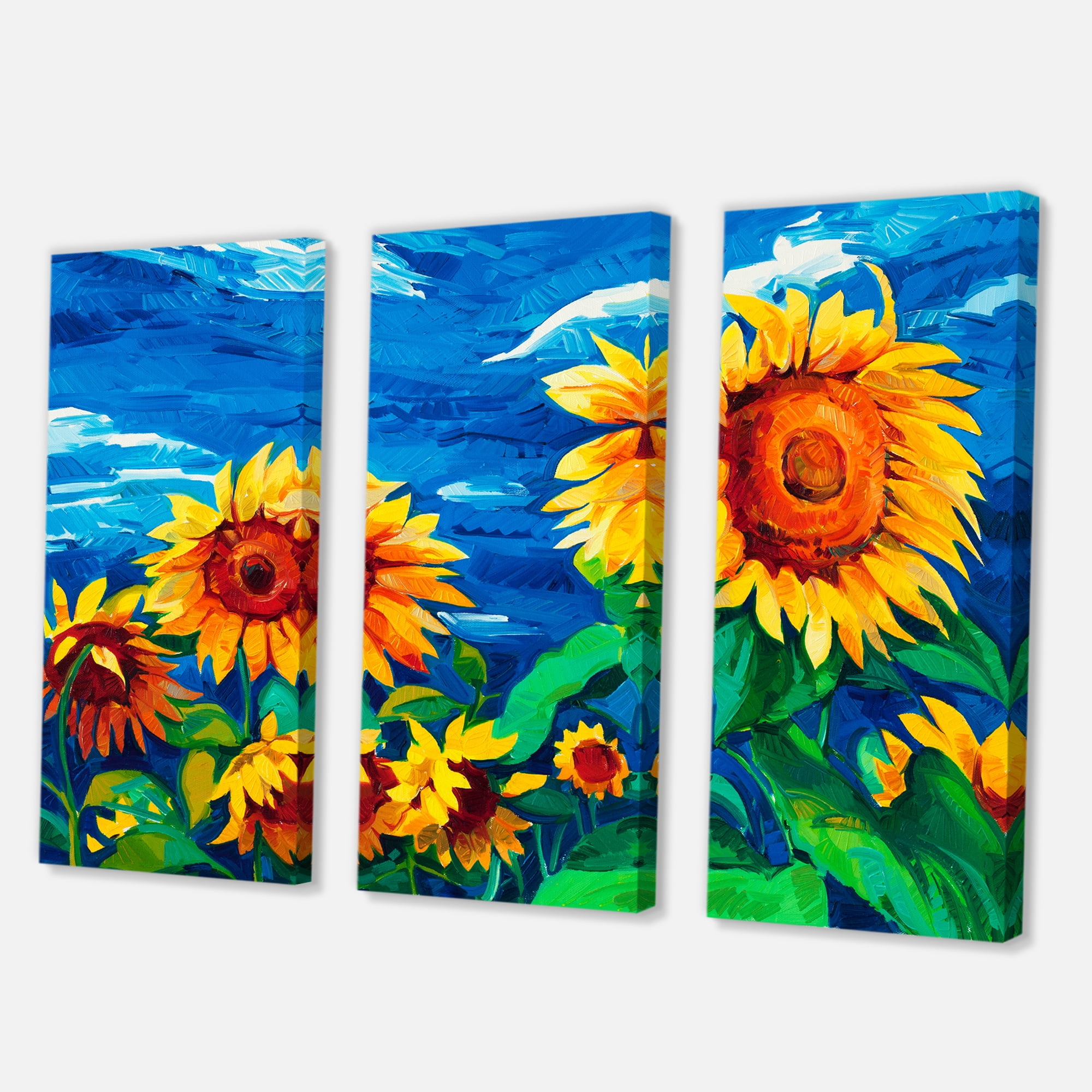 Designart ' Sunflowers Field Under A Bright Blue Sky ' Traditional Canvas Wall Art Print