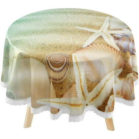 SKYSONIC Seashells Sea Starfishes Round Tablecloth 60inch Indoor Wrinkle Free, Circular Lace Table Cover Washable for Kitchen Party BBQ Dining Decor