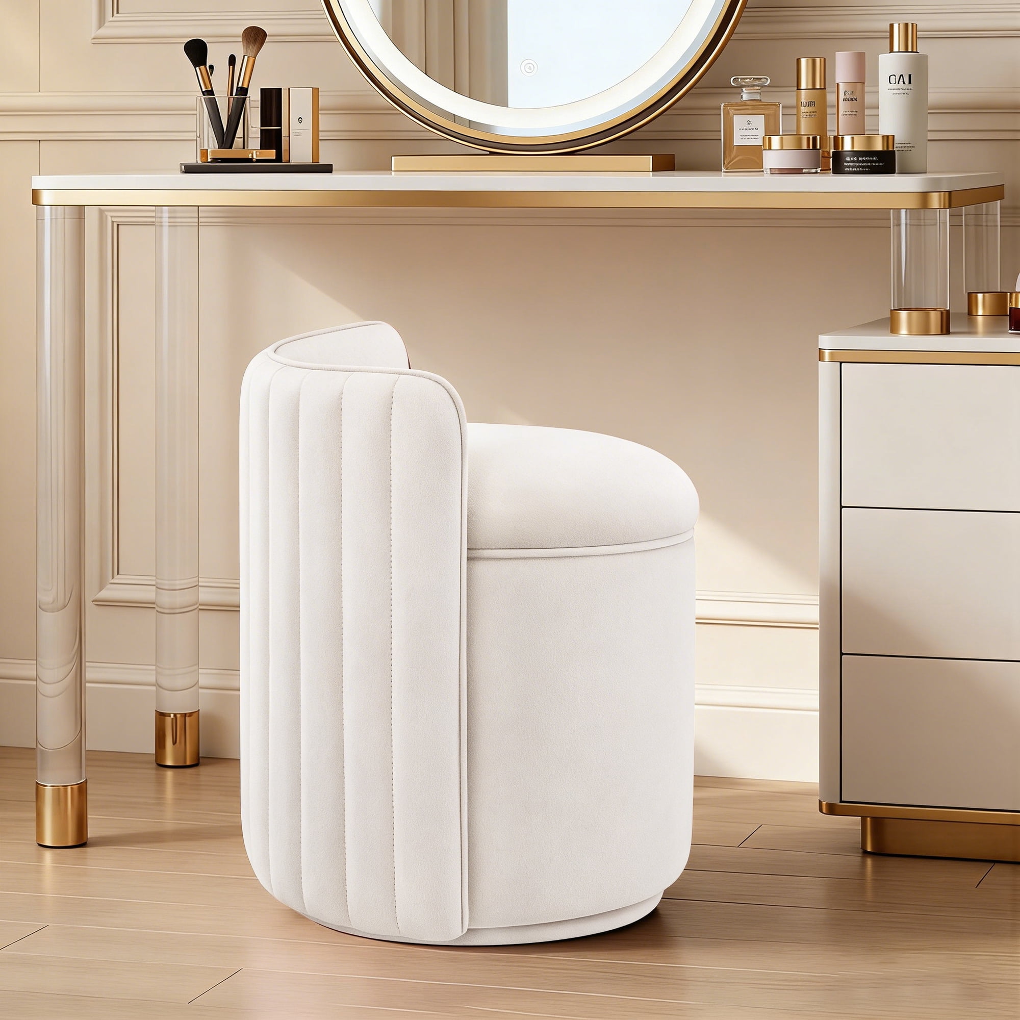 ATHOPE Vanity Chair with Storage, Velvet 360° Swivel Chair with Back, Modern Round Upholstered Bedroom Chair, Comfy Makeup Chair for Dressing, Living Room, No Assembly Required, Beige