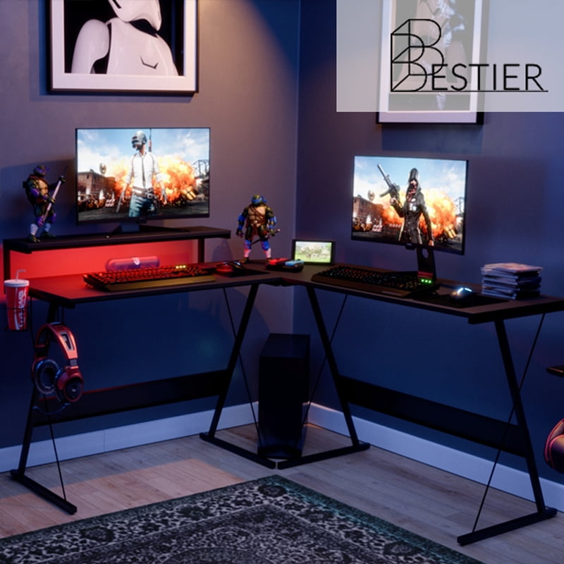 Bestier 55 inch L-Shaped RGB Gaming Computer Desk,Led Strip Light Modern Corner PC Laptop Desk Study Table Workstation Home Office Desk with Large Elevated Ergonomic Shelf Carbon Black