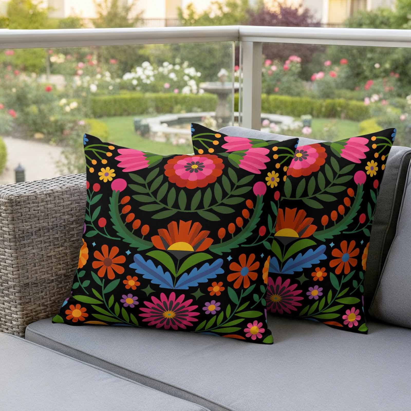 Bohemian Outdoor Waterproof Pillow Covers, Red Green Tribal Mexican Abstract Flower Decorative Square Throw Pillowcase Sofa Cushion Sham for Patio/Couch/Chair, 18"x18" 2 Pack