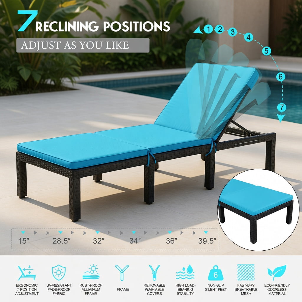 Hommoo Adjustable Height Outdoor Rattan Lounge Chair with Cushion, PE Wicker Patio Chair for Poolside, Garden, Porch, Turquoise