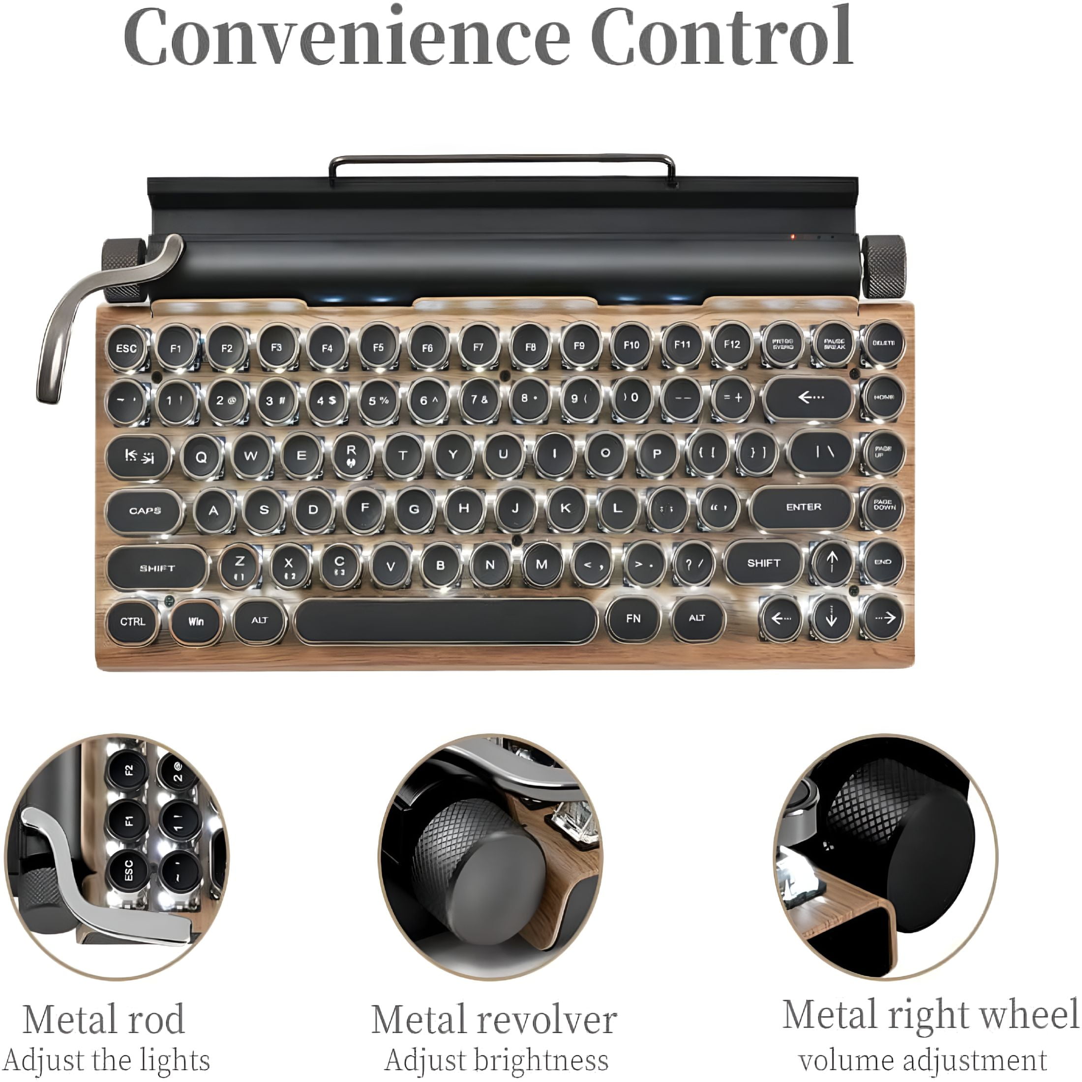 GJX 83-Key Typewriter Keyboard, Retro Style Wireless Bluetooth Keyboard Classical Punk Round Keys LED Backlight Mechanical Keyboard for Mac/Tablet/PC, Wood Color