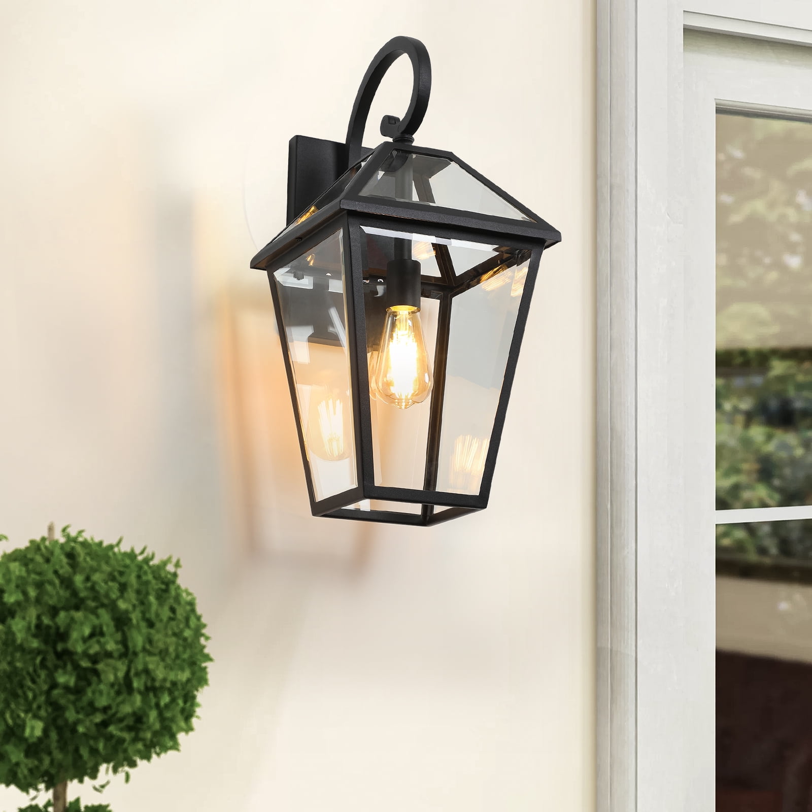 Black 1-Light Outdoor Hardwired Wall Lantern Sconce Outdoor Porch Large Wall Light Fixtures with Clear Beveled Glass