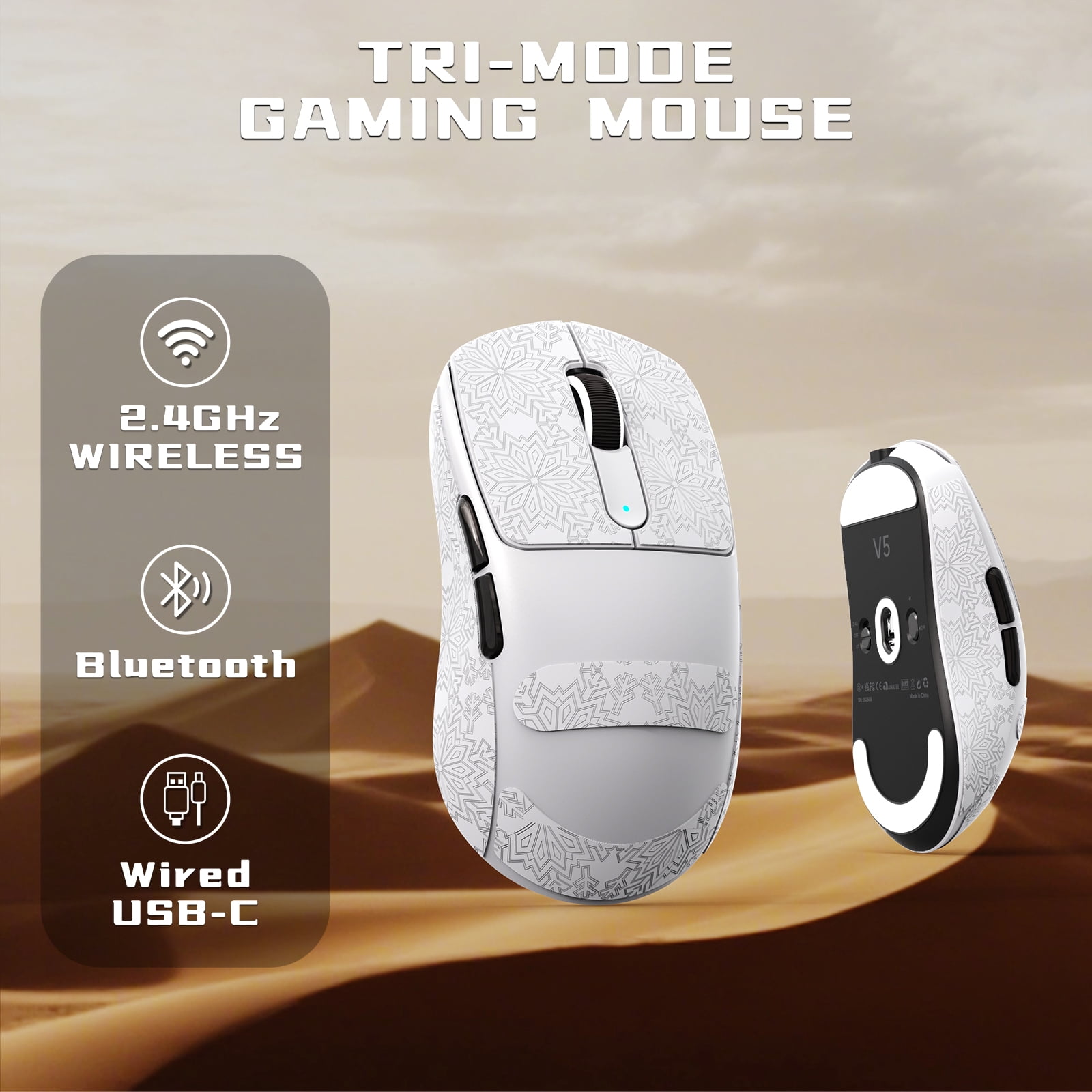 ATTACK SHARK V5 Wireless Gaming Mouse, Tri-Mode 2.4G/USB-C Wired/Bluetooth, PAW3950MAX Sensor, 42000 DPI, 55g Ultra-Lightweight Design, Grip Tape Included, White