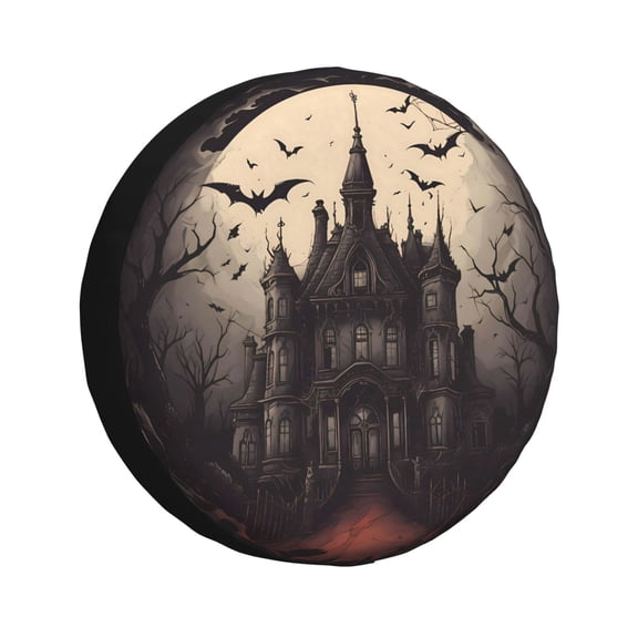 14 Inch Spare Tire Cover Waterproof Uv Resistant Universal Suv Truck Jeep Trailer Easy Install Adjustable Rope Buckle Halloween Castle Bat