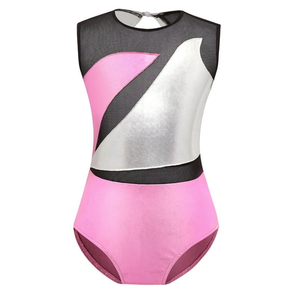 Yeahdor Kids Girls Sheer Mesh Patchwork Leotard Metallic Cutout Back Dance Gymnastics Bodysuit