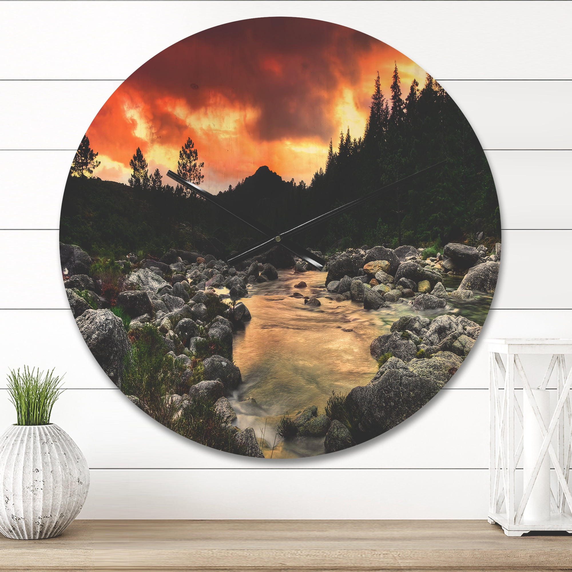 Designart 'Rocky Mountain River at Sunset Light' Modern Wood Wall Clock