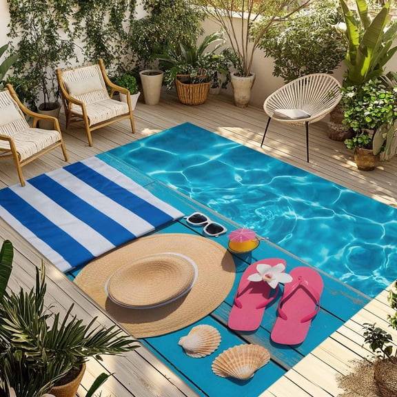 Swimming Pool Outdoor Rug for Patio/Deck/Porch, Non-Slip Large Area Rug 6 x 9 Ft, Blue Summer Beach Sea Ocean Indoor Outdoor Rugs Washable Area Rugs, Reversible Camping Rug Carpet Runner