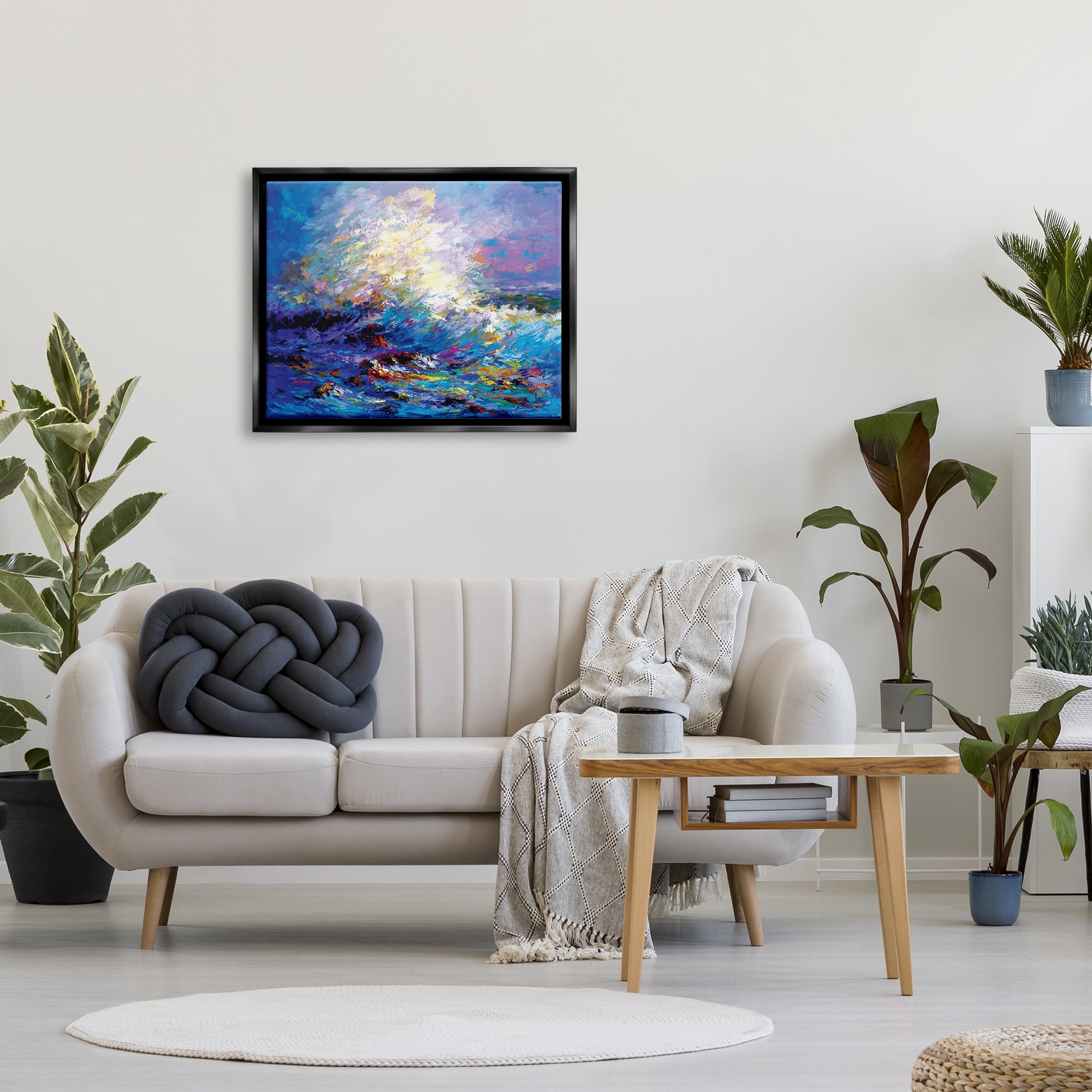 Stupell Industries Abstract Colorful Ocean Waves Landscape Painting Black Floater Framed Canvas Art Print Wall Art, 31 x 25