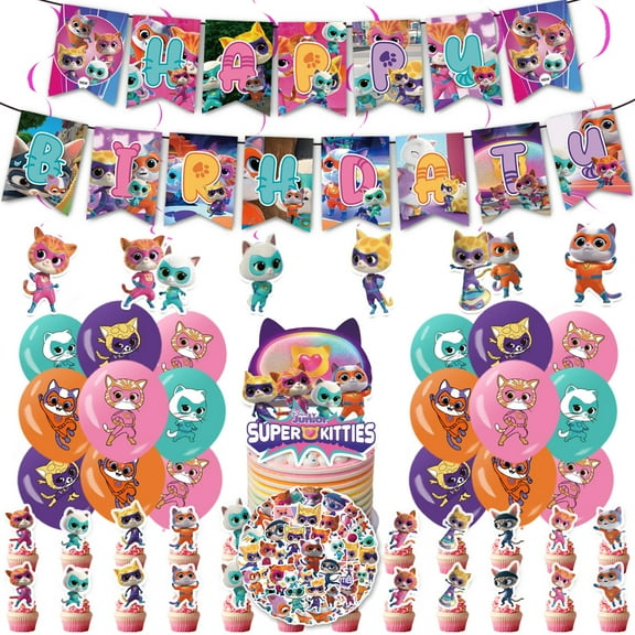 100 Pcs Super Kitties Party Decorations, Cartoon Super Kitties Birthday Party Supplies Include Happy Birthday Banner, Balloons, Cupcake Cake Toppers Stickers for Kids Girls Boys Party Favors