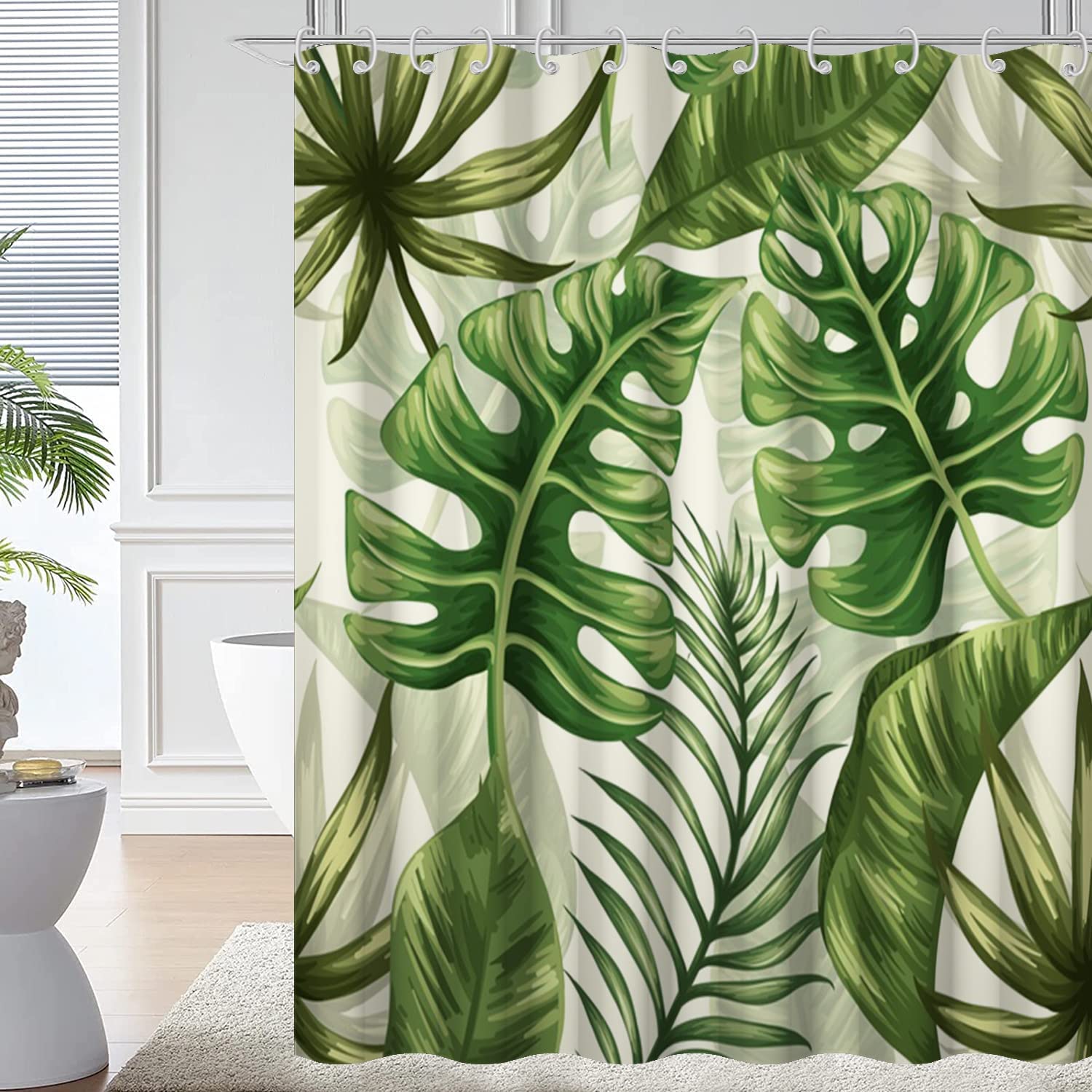 Sage Green Plant Shower Curtain, Tropical Monstera Leaf Palm Leaf