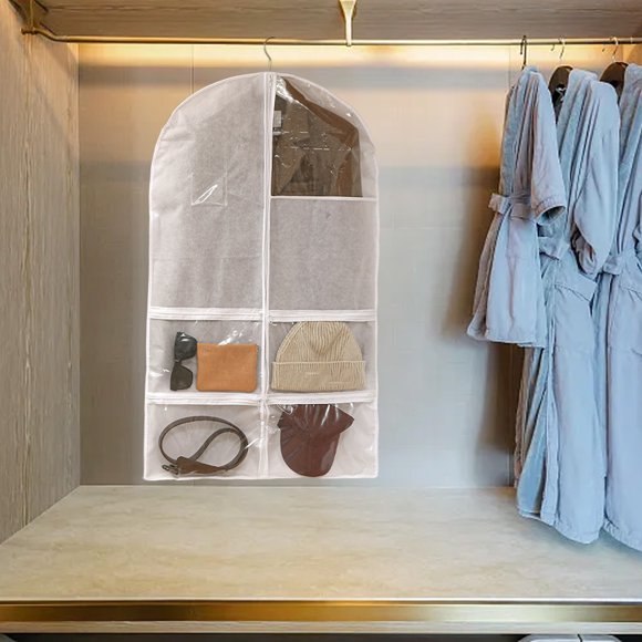 Vrorvz Closet Clothes Storage Bag with Zippered Pockets for Coats Dresses Jackets and Shirts Breathable Nonwoven Organizer with Transparent Window and Hanger Access Feature