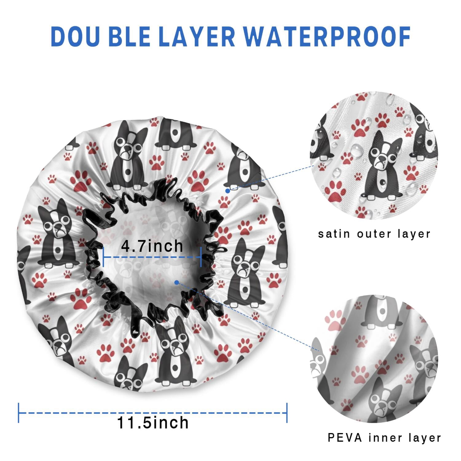 Shower Caps,Boston Terrier Puppy Dog Waterproof Shower Cap for Women 4 Pieces,Double Reusable Hair Cover for Shower PEVA Elastic Stretch Hem