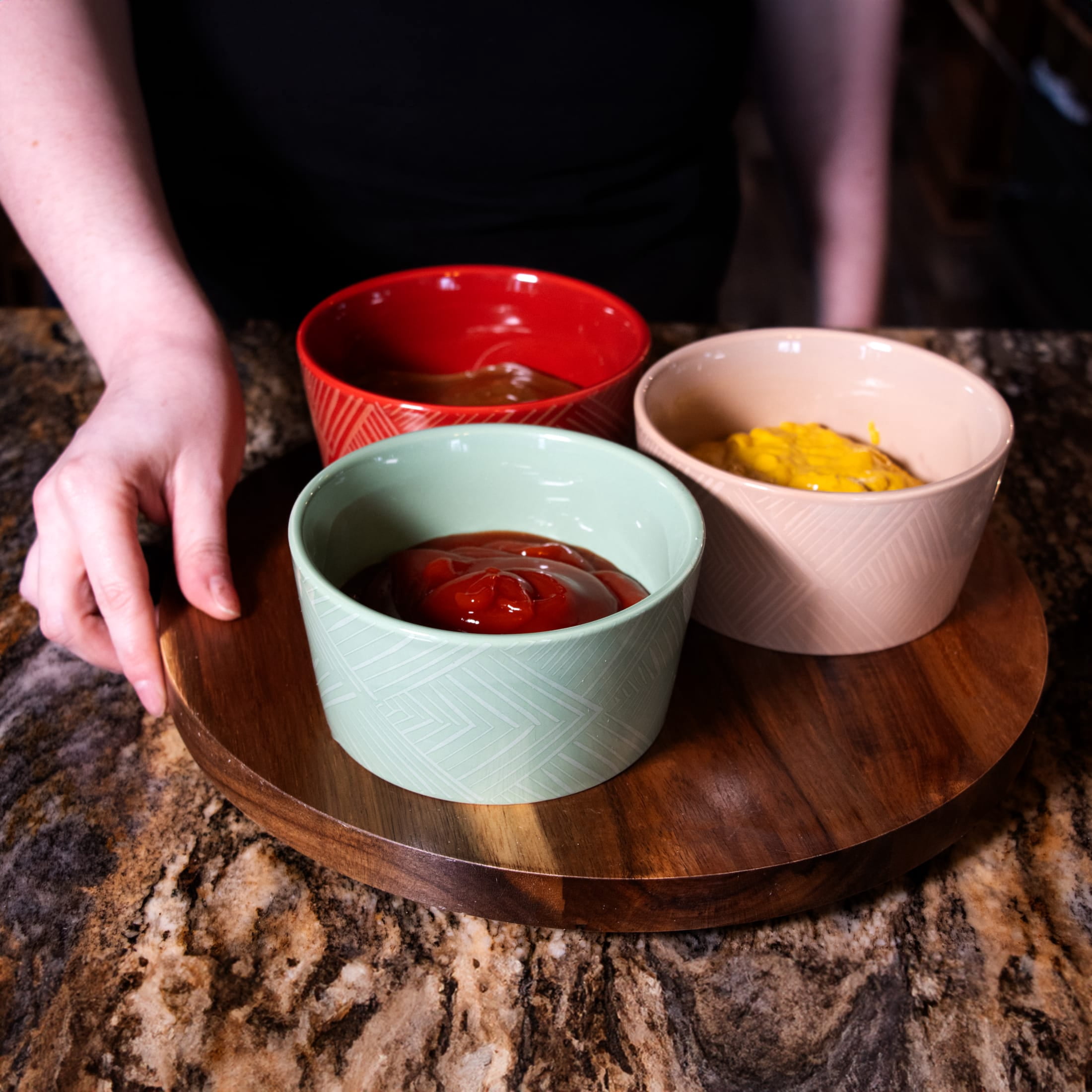 Thirstystone 12-Inch Acacia Wood Lazy Susan Turntable with 3 Ceramic Serving Bowls, Stylish Rotating Server for Condiments, Snacks, and Dips, Perfect for Holiday Dining and Entertaining