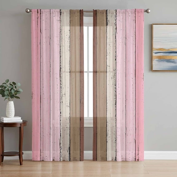 Sheer Curtains 63 Inch Length 2 Panels Set for Bedroom, Pink Wood Grain Semi Sheer Curtains for Windows, Brown Vintage Mottled Country Stripes Voile Window Treatments Rod Pocket Curtain