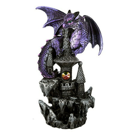 Purple Guardian Dragon on Castle Figurine Medieval Mythical Fantasy Decoration