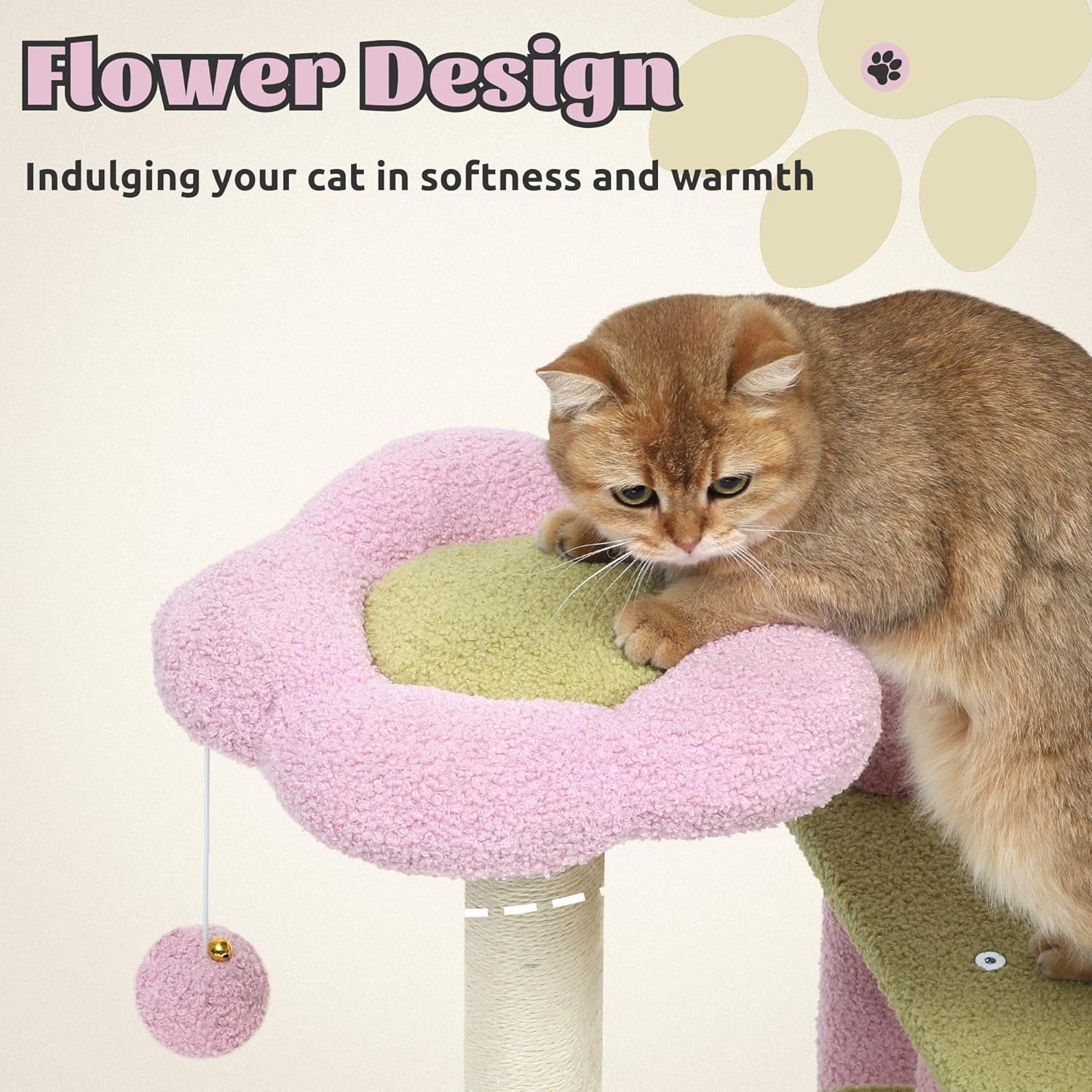 61" Tall Flower Cat Tree for Large Cats with Self-Grooming Brush, Climbing Tower for Indoor Kittens with Cat Condo, Top Perch, Basket, Sisal Scratching Posts and Dangling Ball