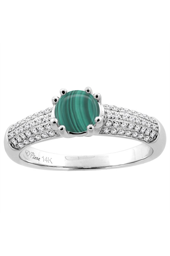 14K White Gold Natural Malachite Engagement Ring Round 6 mm & Diamond Accents, size 6