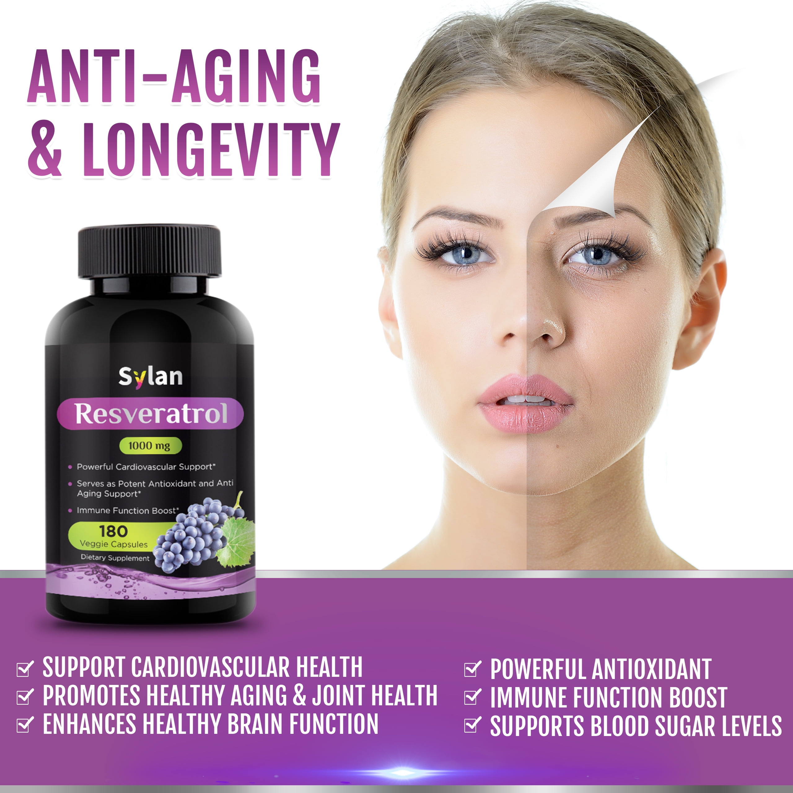 Sylan Trans Resveratrol Supplement 1000mg Polyphenols Supplement 180 Capsules Veggie Non-GMO Made in USA