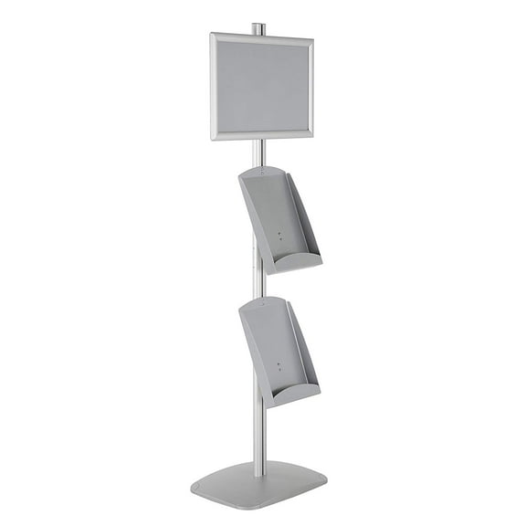 M&T Displays Free Standing Display Stand with 1 x (11X17) Frame in Portrait/Landscape and 2 x (8.5x11) Steel Shelves, Single Sided (Silver)