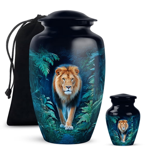 Yatskia Moonlight Jungle Lion Large Burial Urns for Human Ashes Adult Male and Female, Small Cremation Urn for Ashes Adult Women, (Classic 10 Inch and 3 Inch)