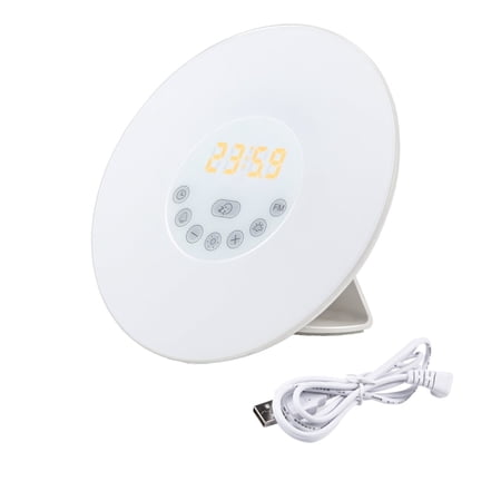 Smart Sunrise Wake Up Light Alarm Clock LED Night Light 7 Color Modes 10 Brightness 6 Nature Sounds,Snooze,FM Radio ,ABS,Digital Display,USB Powered
