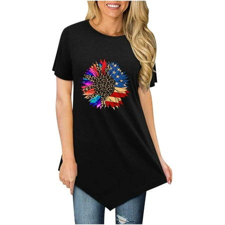 

Corset Tops for Women Independence Day Fashion Women Casual Short Sleeve Round Neck Printed Tops Blouse Graphic Tees for Women Black S