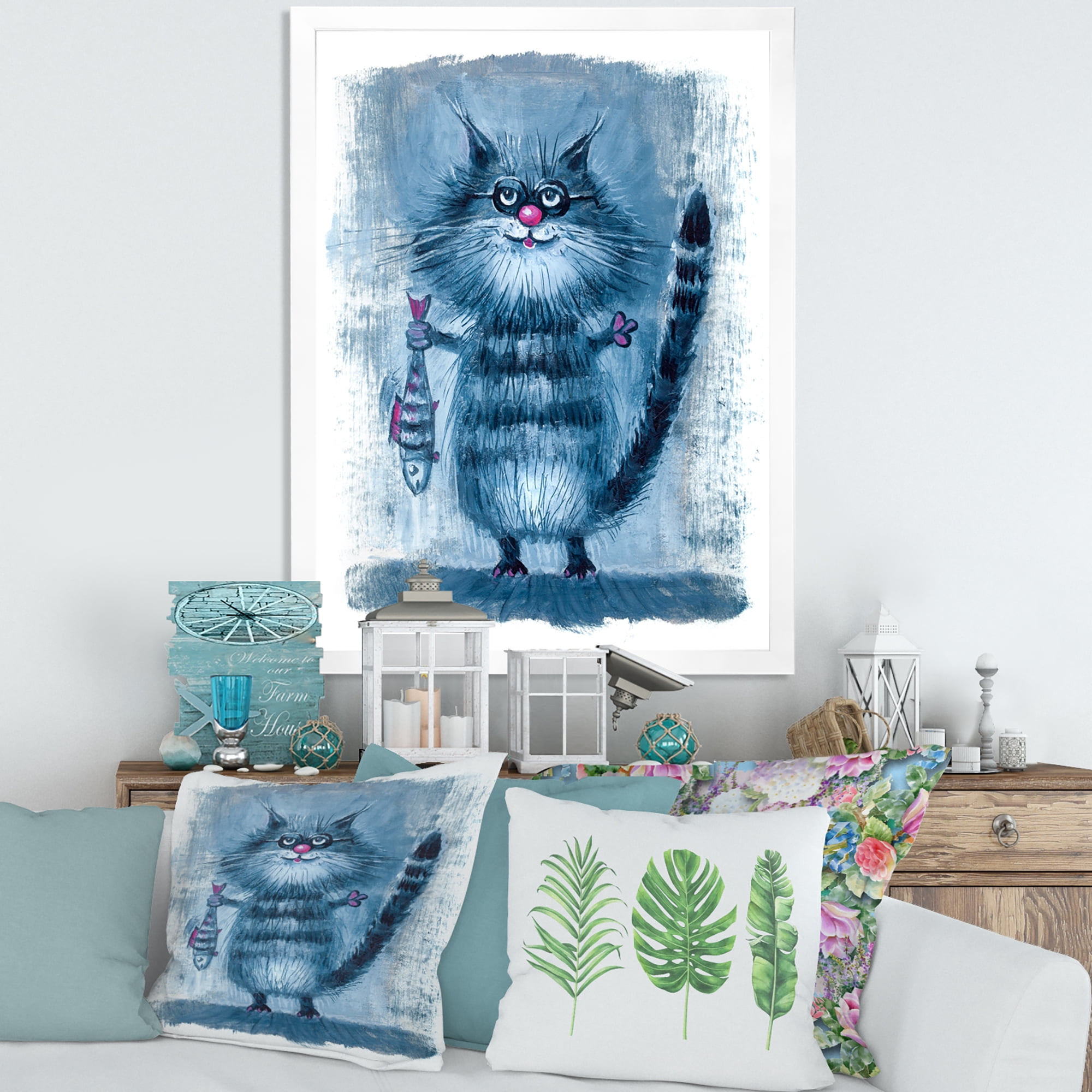 Designart 'Standing Cat Holding A Fish In Its Claws' Nautical & Coastal Framed Art Print