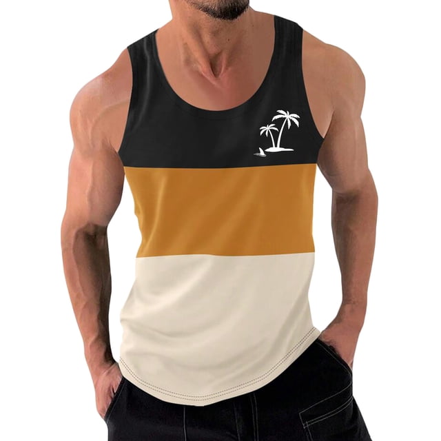 Yieetim Débardeurs Muscle Dorés pour Hommes, Imprimé Tropical d'Été Mode Décontractée Patchwork Bloc de Couleur Sans Manches, Chandail de Vacances Col Rond Sport Débardeur - Soldes d'Été