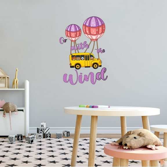 Home Wall Decal - Go with the Wind - Cute Hot Air Balloon Design Cute Animal Cartoons Flying on a Hot Air Bus - Proudly Hand Made Decal - Size: 14 In(W) x 20 In(H)