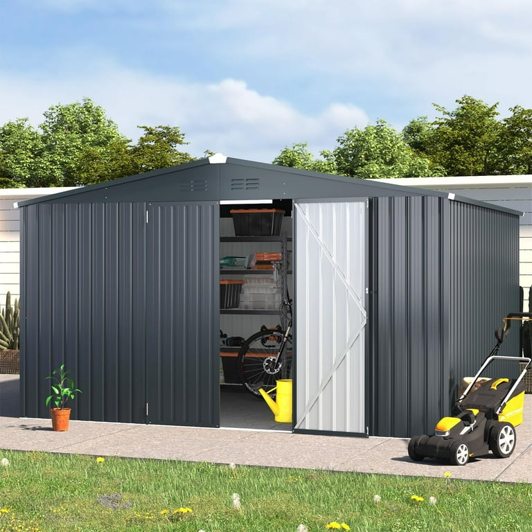 YODOLLA 10 x 12 ft. Outdoor Metal Storage Shed with Sliding Roof