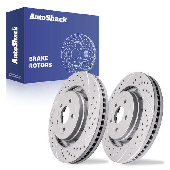 AutoShack Front Brake Rotors for Ford, Explorer 2013-2019 Taurus 2013-2019, AWD FWD L4 2.0L 2.3L V6 3.5L - Coated Drilled & Slotted - Silver Matte Finish - TurboGuard - 13.86" (352 mm), 5-Lug